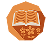 Scripture Garden icon - Orange icon of a book with flowers beneath it